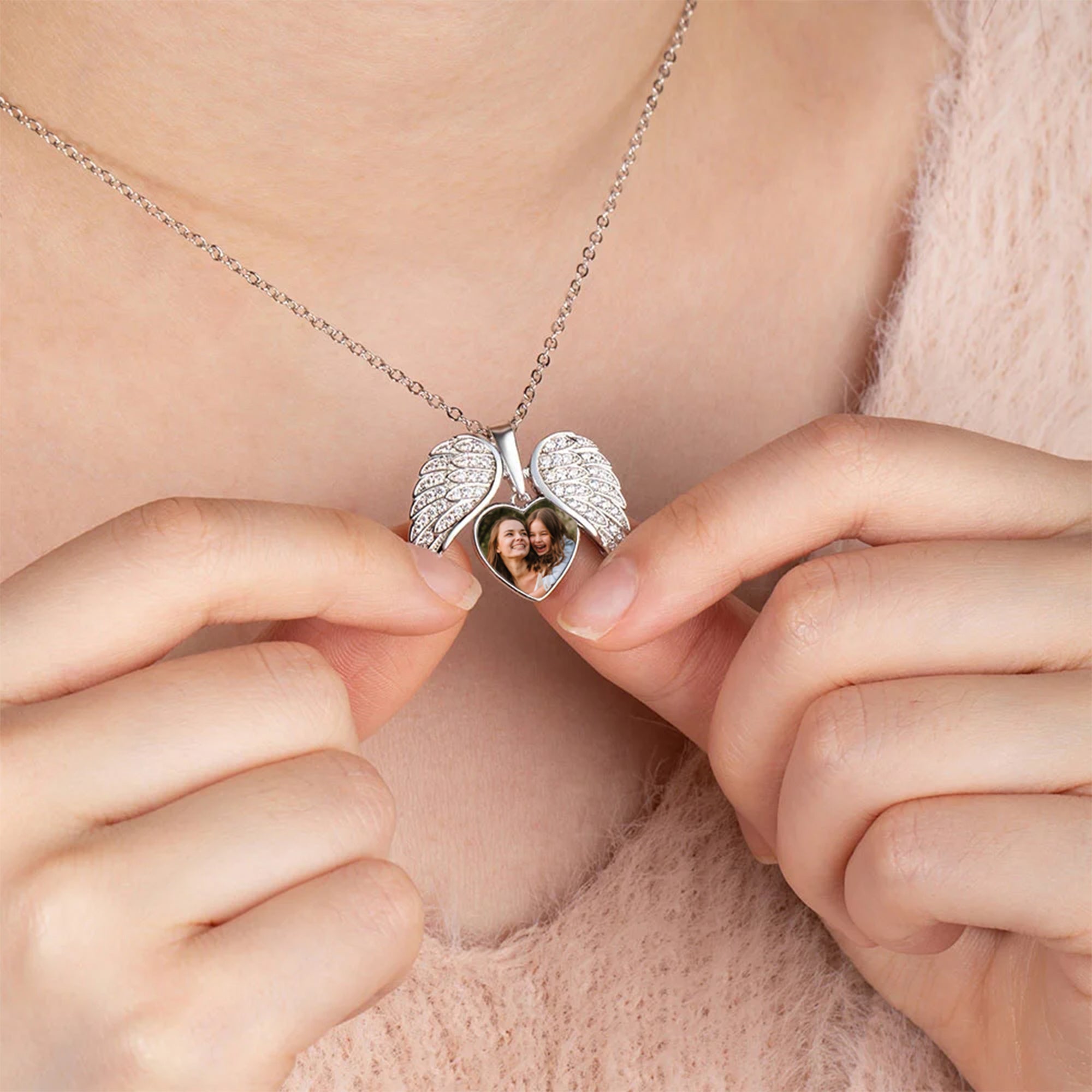 My Angel, Forever Close to My Heart – Personalized Sterling Silver Angel Wing Photo Locket Necklace