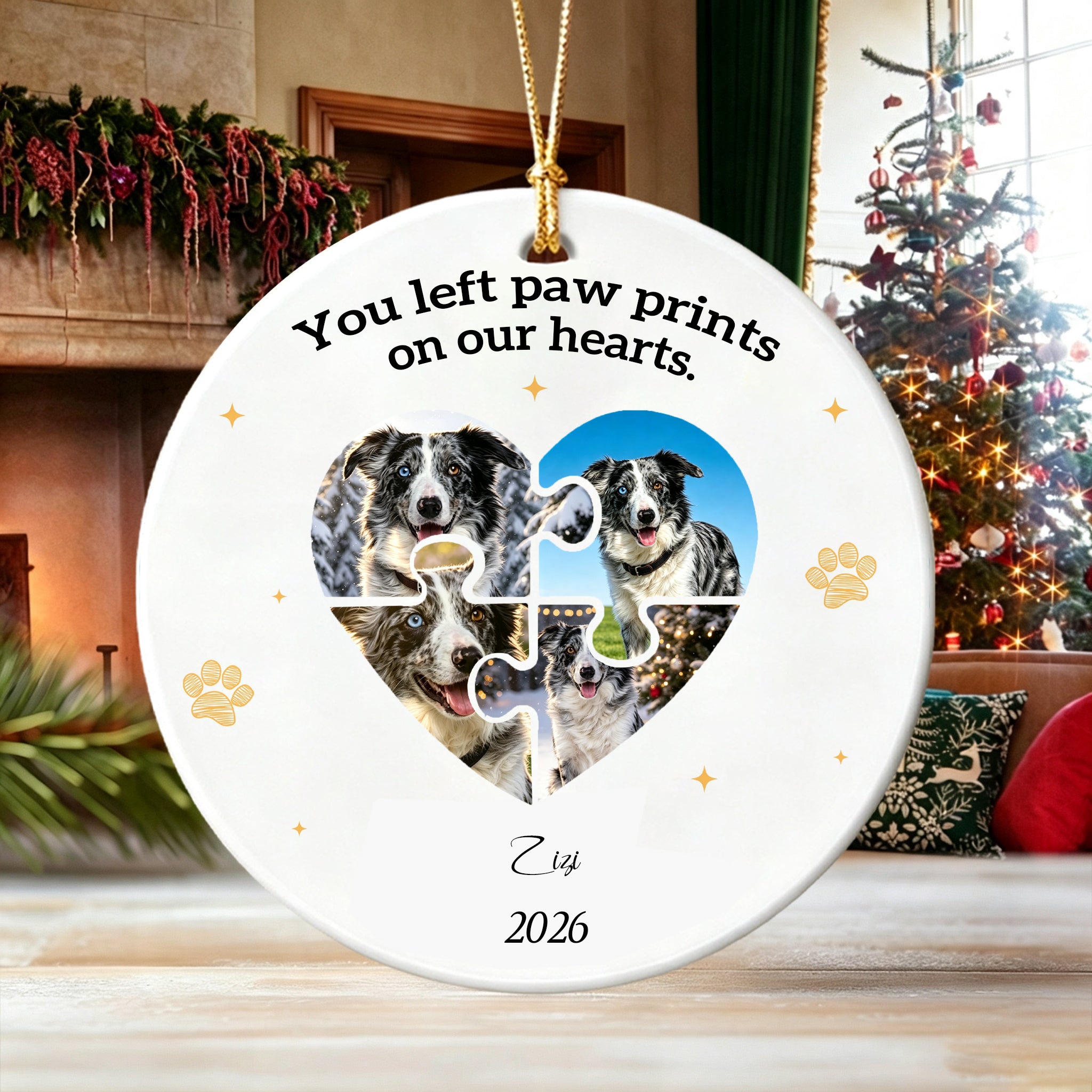 Custom Photo Dog Cat Ceramic Ornament-You Left Paw Prints On Our Hearts Forever Ornament For Pet Lover Christmas