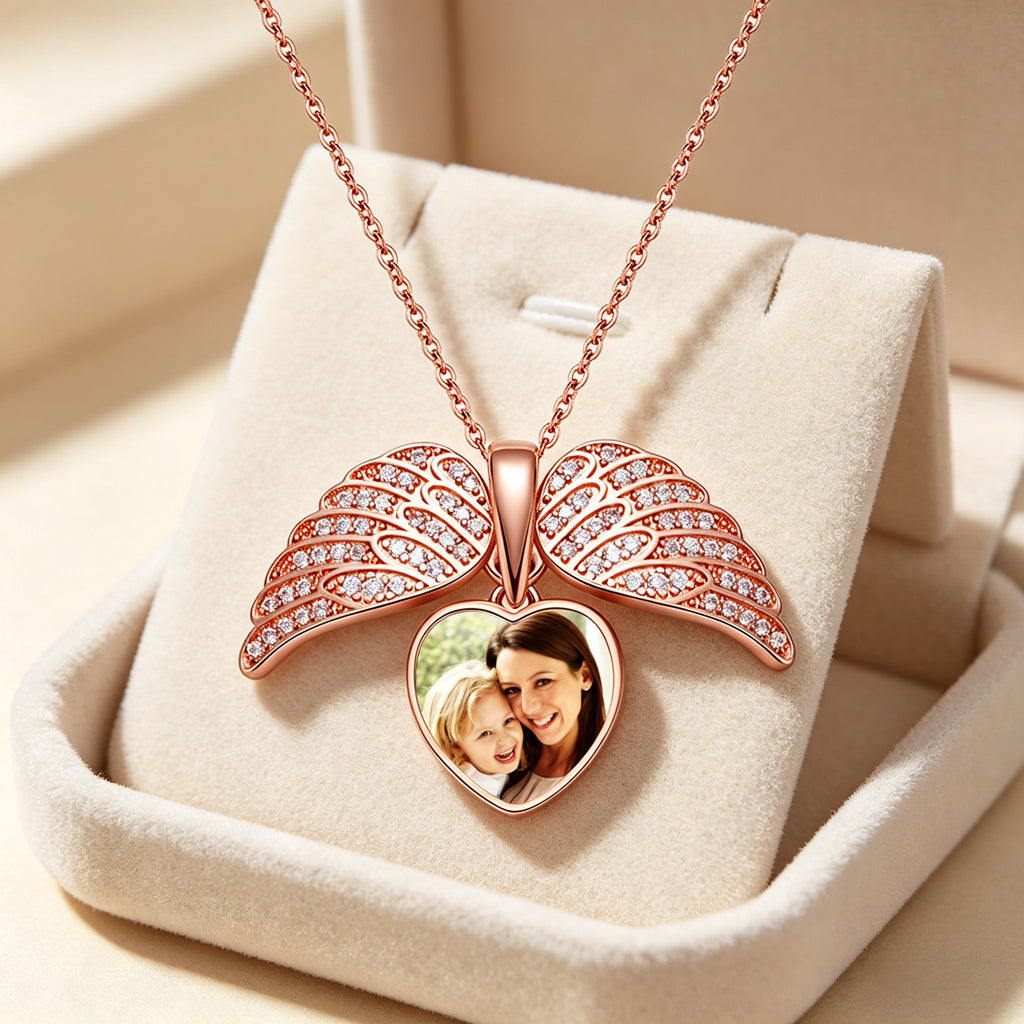 My Angel, Forever Close to My Heart – Personalized Sterling Silver Angel Wing Photo Locket Necklace