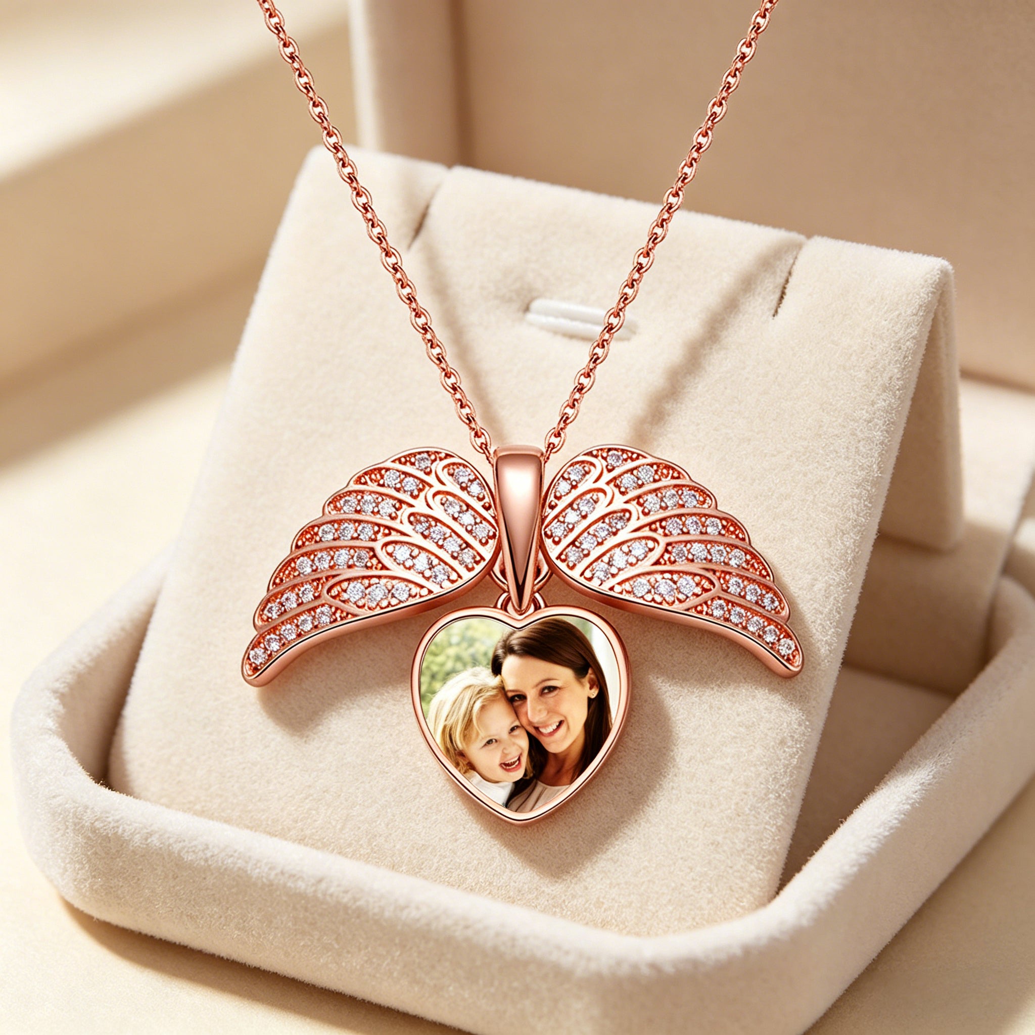 My Angel, Forever Close to My Heart – Personalized Sterling Silver Angel Wing Photo Locket Necklace