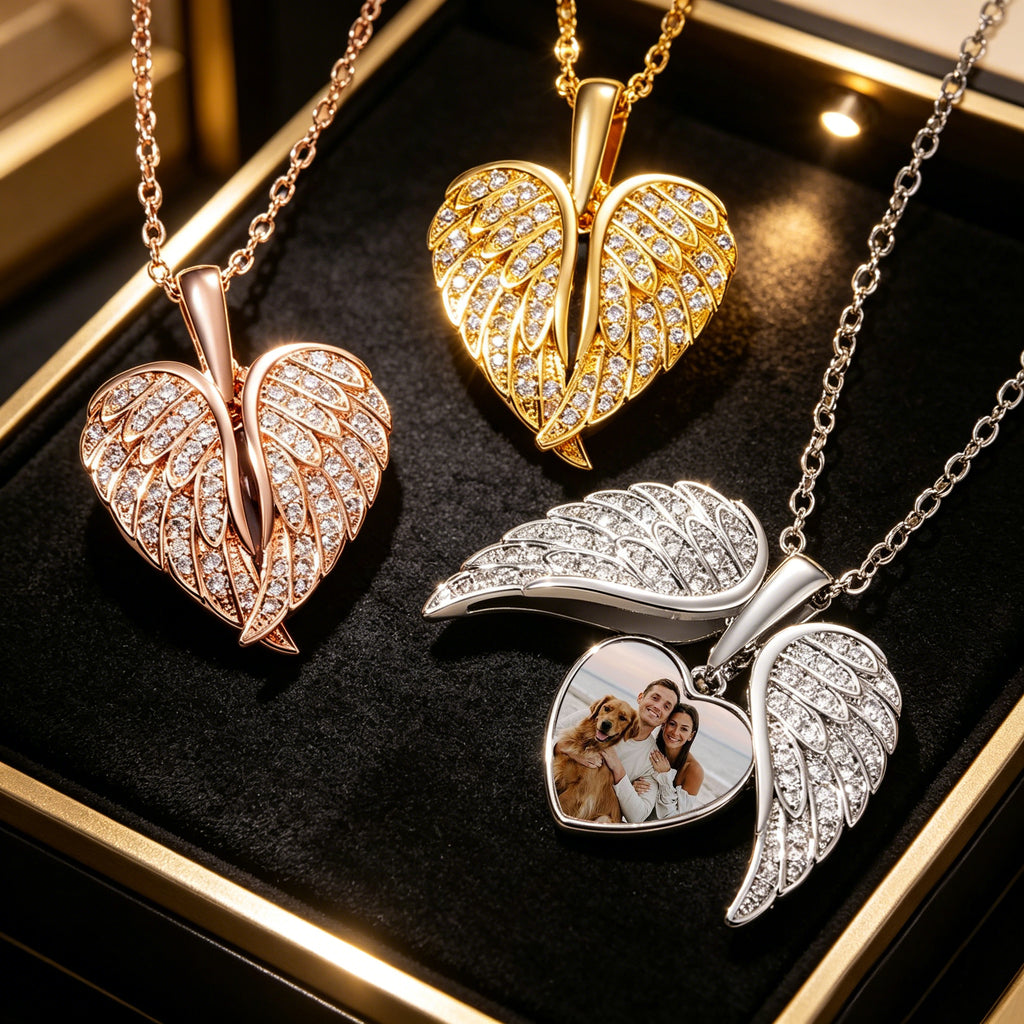 My Angel, Forever Close to My Heart – Personalized Sterling Silver Angel Wing Photo Locket Necklace