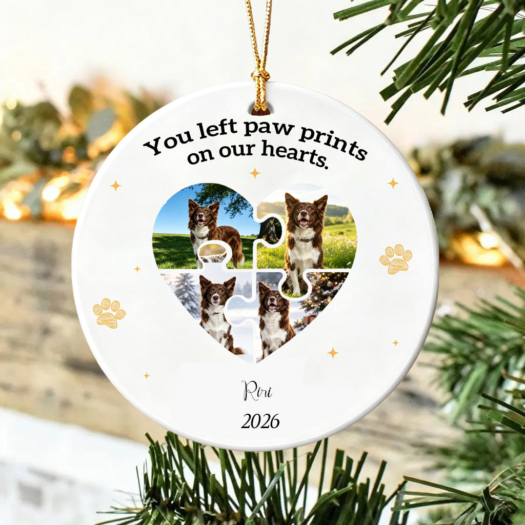 Custom Photo Dog Cat Ceramic Ornament-You Left Paw Prints On Our Hearts Forever Ornament For Pet Lover Christmas