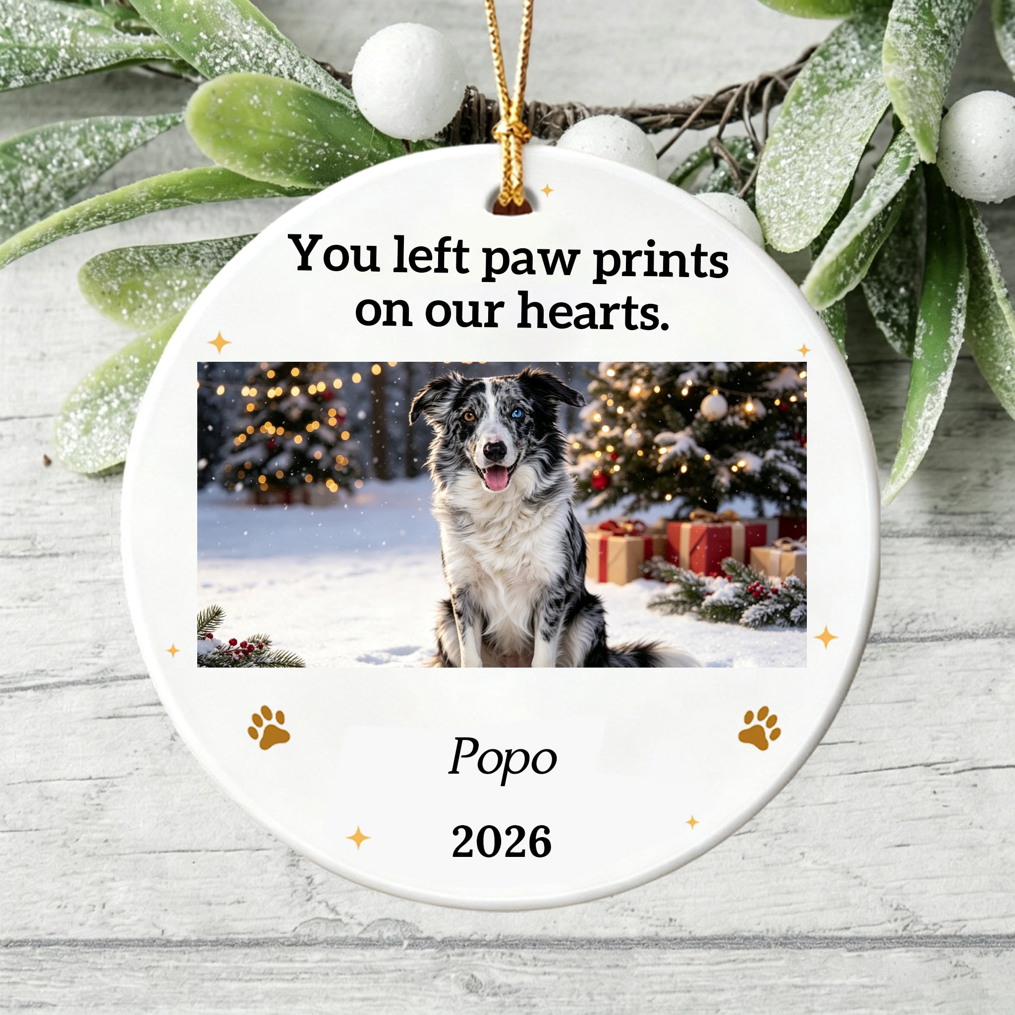 You Left Paw Prints On Our Hearts Forever Custom Dog Photo Memorial Ceramic Ornament For Christmas