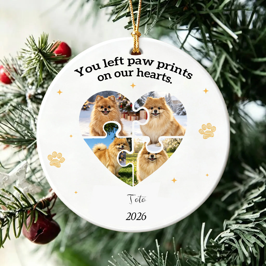 Custom Photo Dog Cat Ceramic Ornament-You Left Paw Prints On Our Hearts Forever Ornament For Pet Lover Christmas