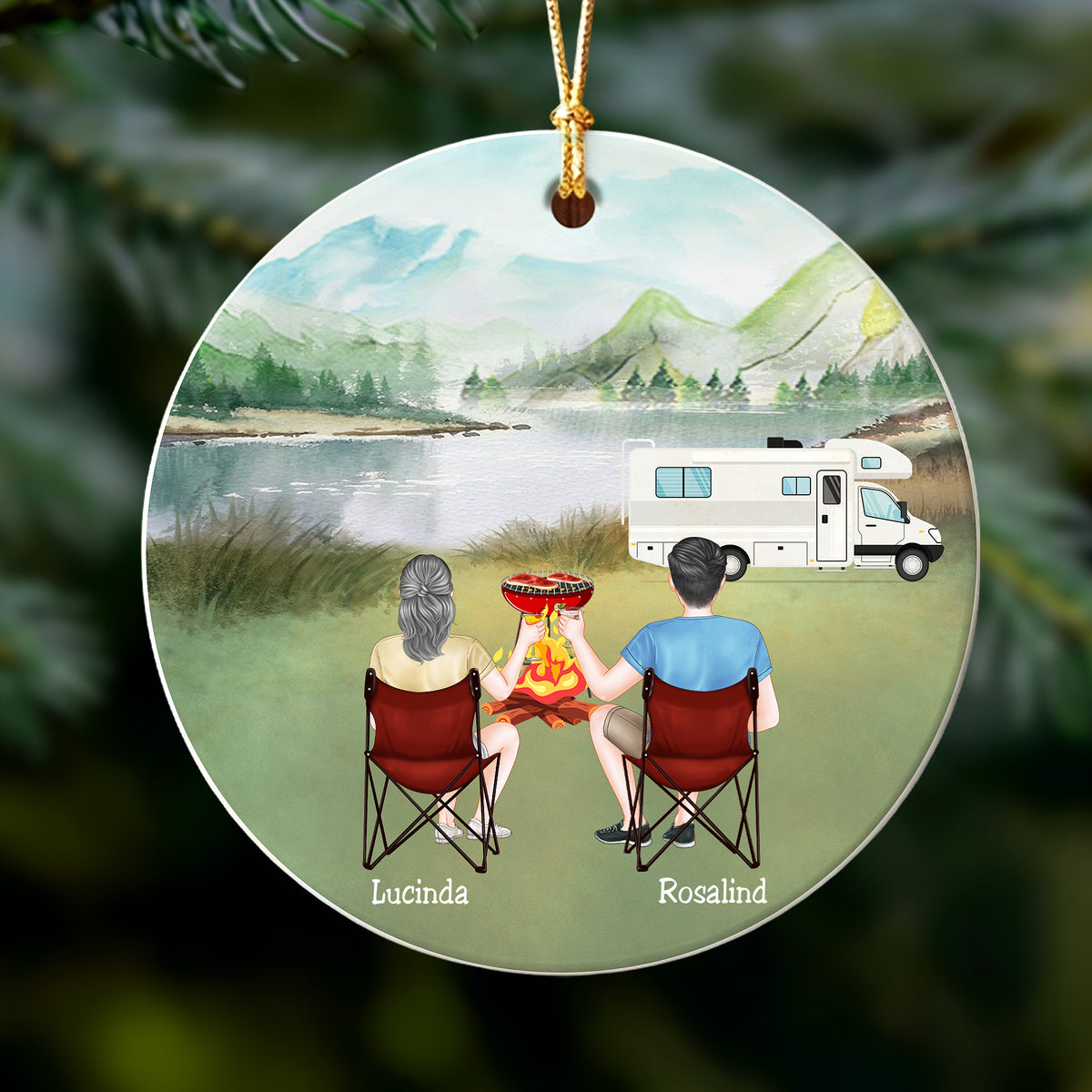 Custom Camping Couple Christmas Ornament, Personalized Names Mountain Camping Ceramic Keepsake For Couple