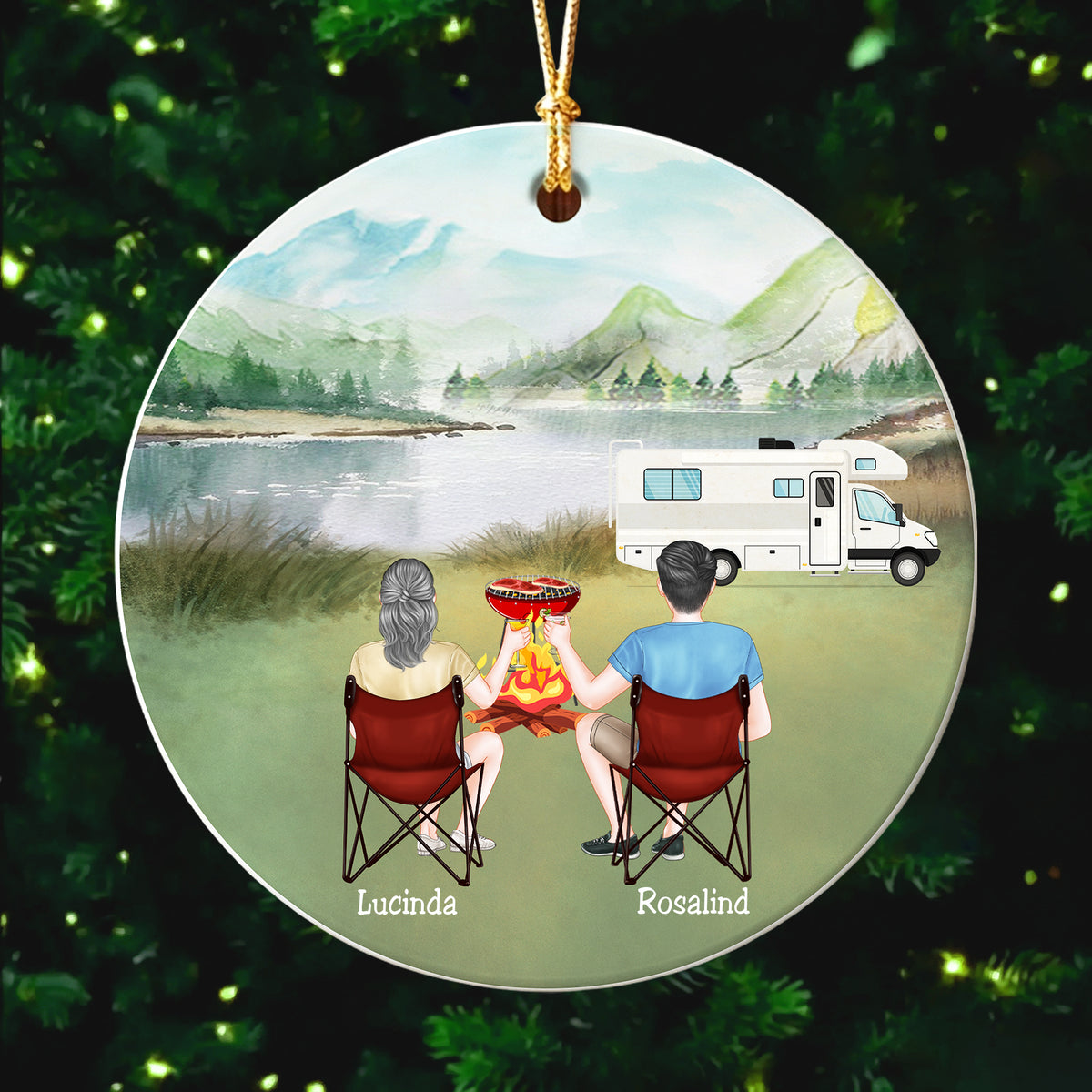 Custom Camping Couple Christmas Ornament, Personalized Names Mountain Camping Ceramic Keepsake For Couple