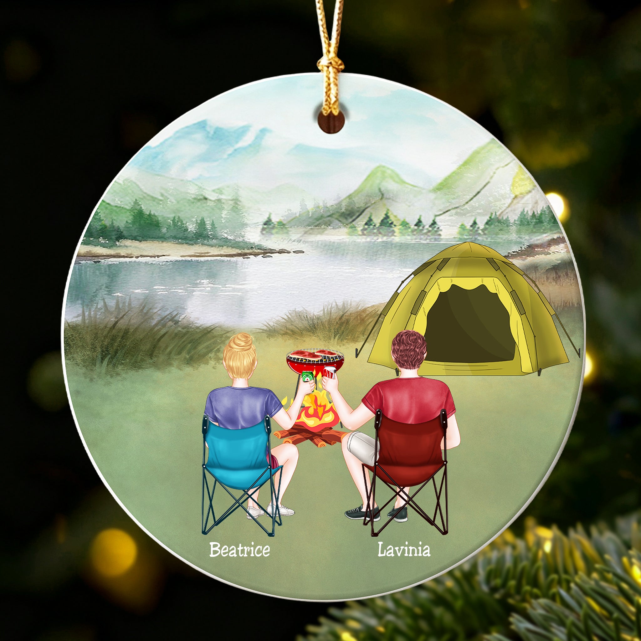 Custom Camping Couple Christmas Ornament, Personalized Names Mountain Camping Ceramic Keepsake For Couple