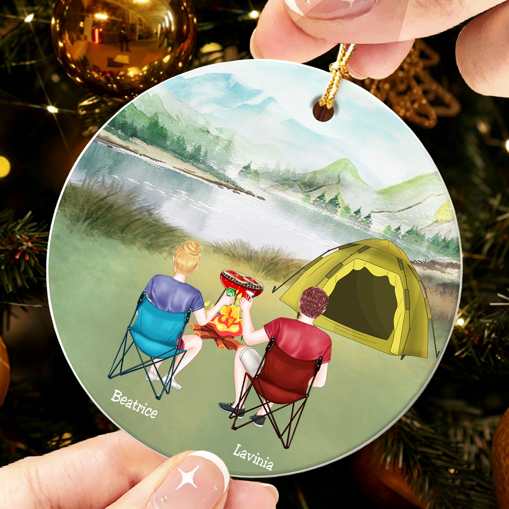 Custom Camping Couple Christmas Ornament, Personalized Names Mountain Camping Ceramic Keepsake For Couple