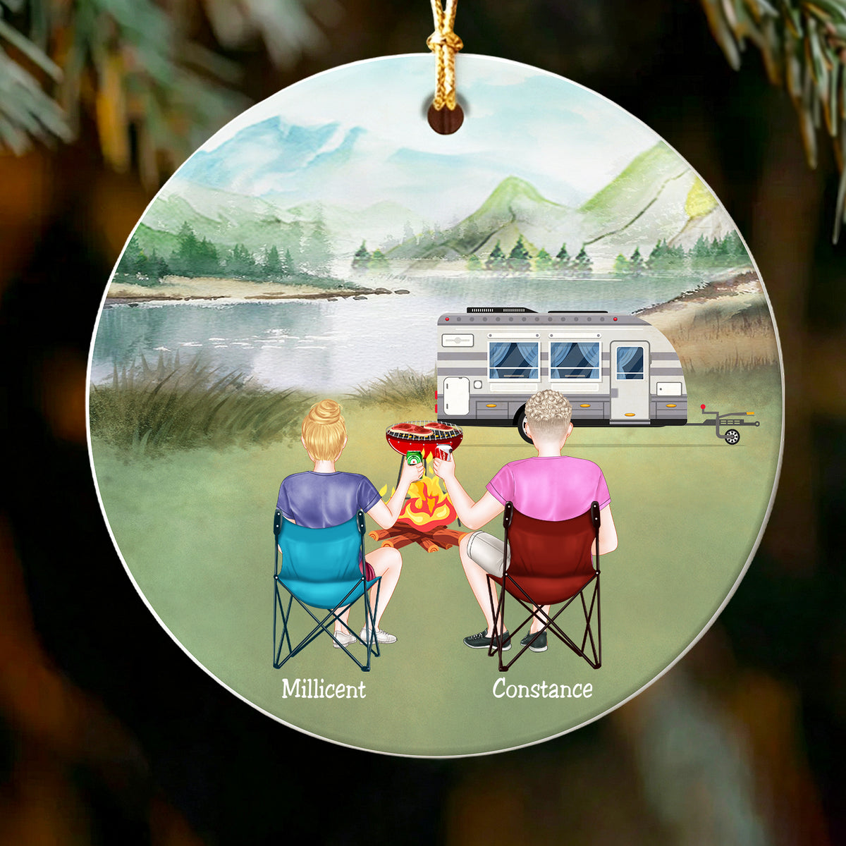Custom Camping Couple Christmas Ornament, Personalized Names Mountain Camping Ceramic Keepsake For Couple