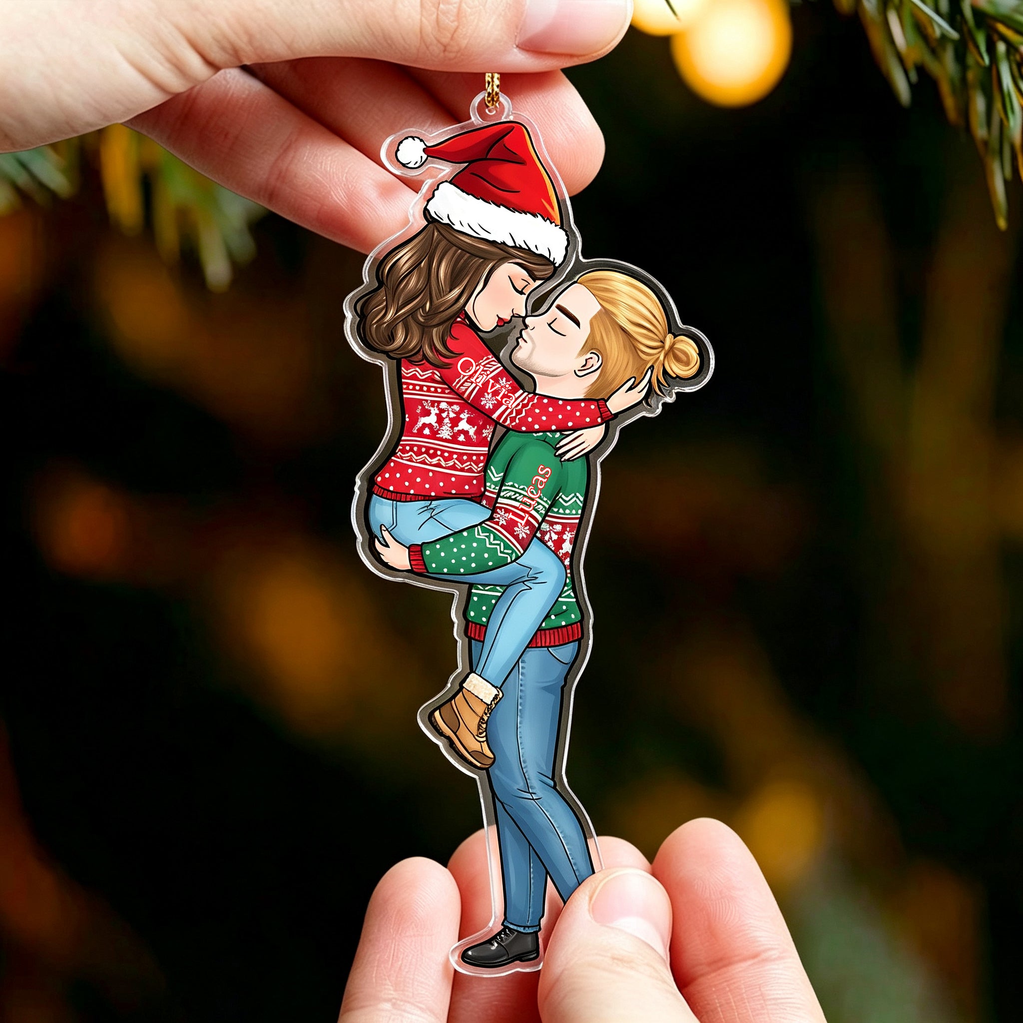 Personalized Couple Christmas Ornament – Winter Hugging Pose Acrylic Gift for couple
