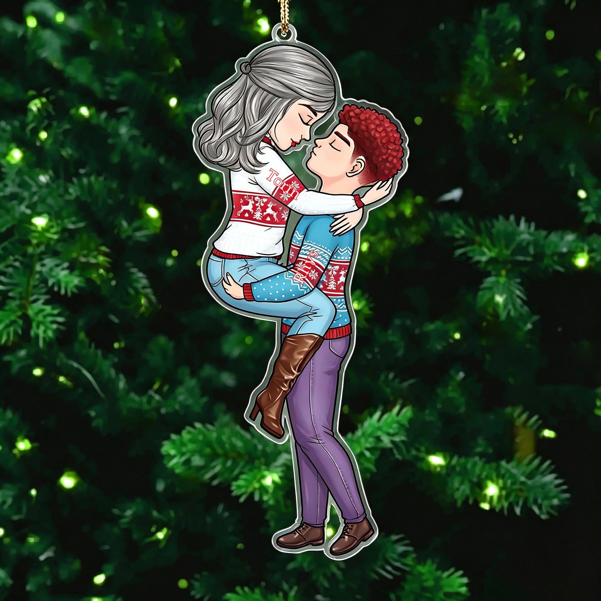 Personalized Couple Christmas Ornament – Winter Hugging Pose Acrylic Gift for couple