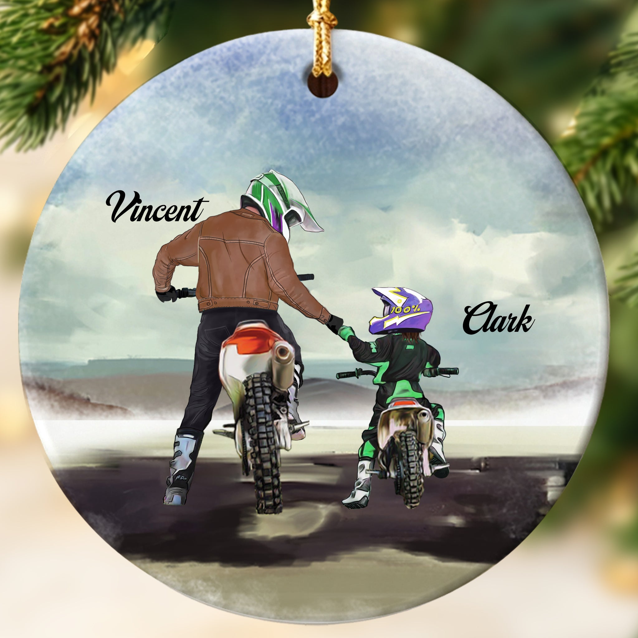 Personalized Dad And Kid Watercolour Motocross Racer Ornament, Custom Name Dirt Biker Christmas Ornament