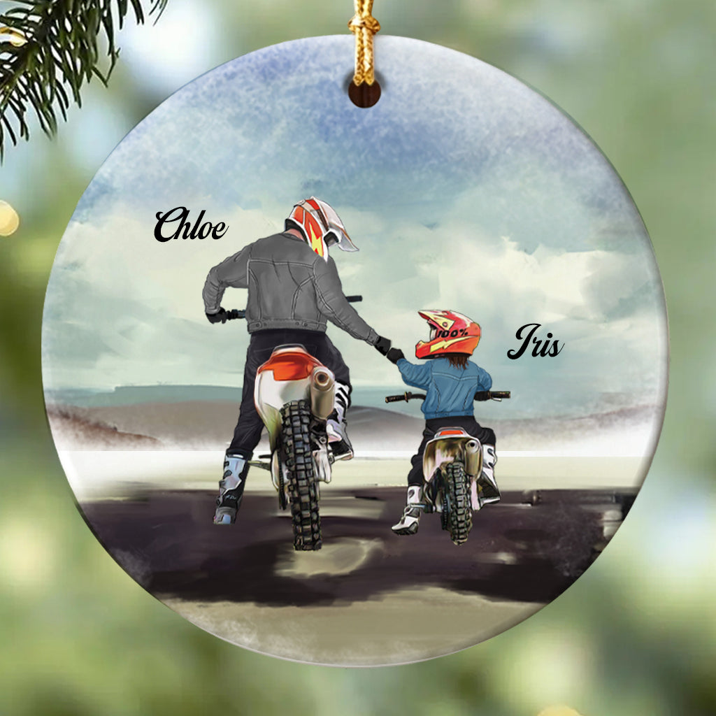 Personalized Dad And Kid Watercolour Motocross Racer Ornament, Custom Name Dirt Biker Christmas Ornament
