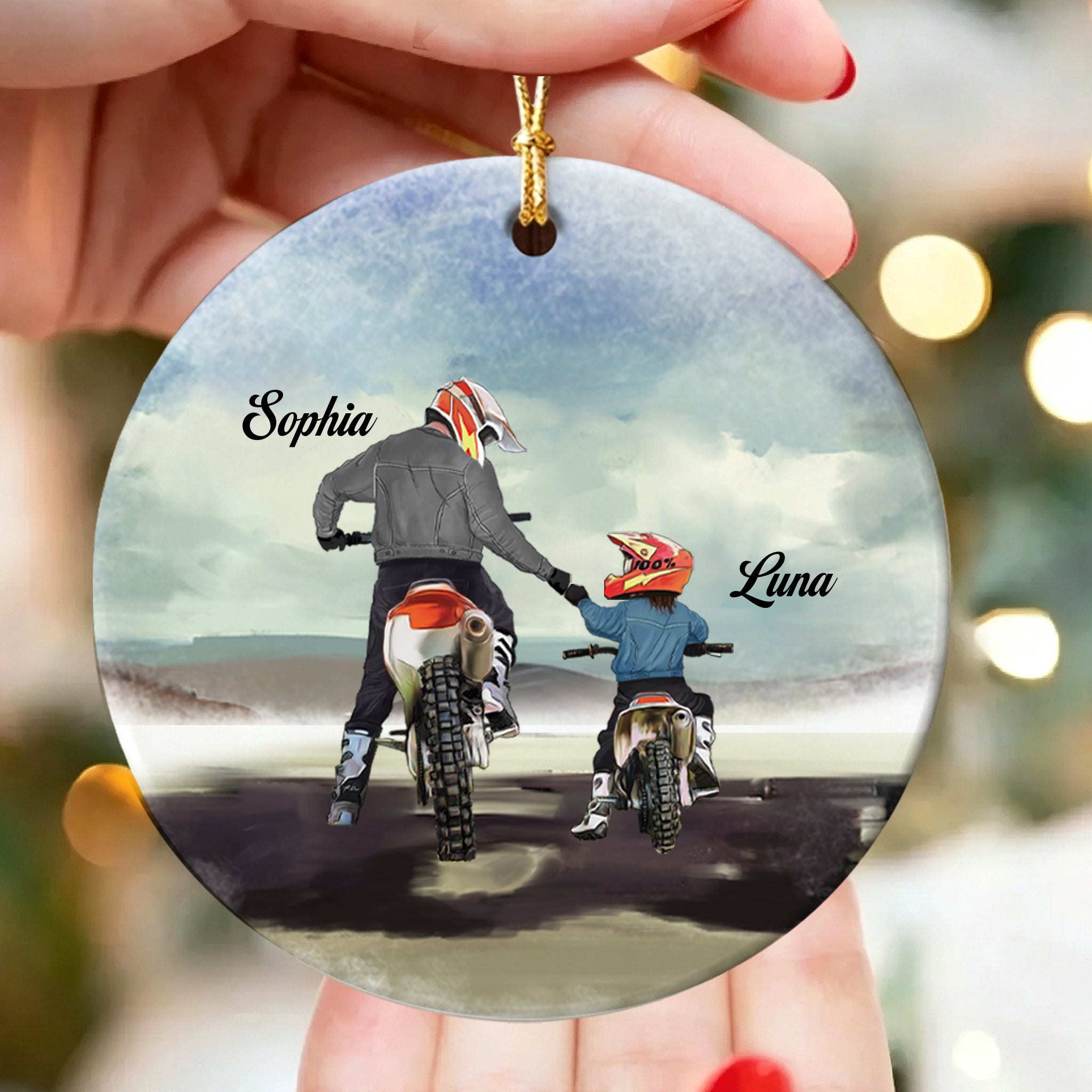 Personalized Dad And Kid Watercolour Motocross Racer Ornament, Custom Name Dirt Biker Christmas Ornament