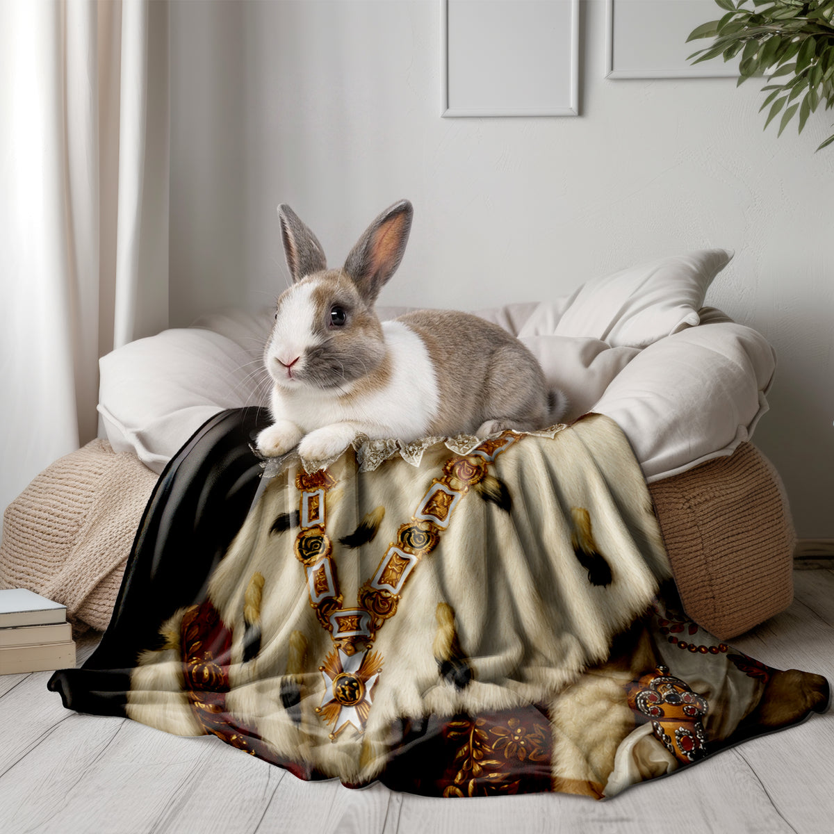 Personalized Rabbit Blanket – Custom Royal Bunny Portrait | Regal Pet Lover Gift