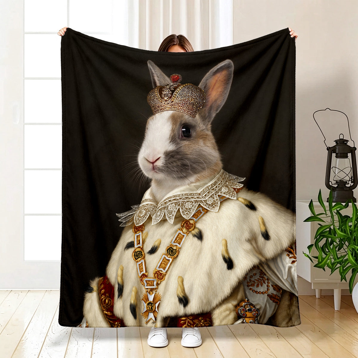 Personalized Rabbit Blanket – Custom Royal Bunny Portrait | Regal Pet Lover Gift