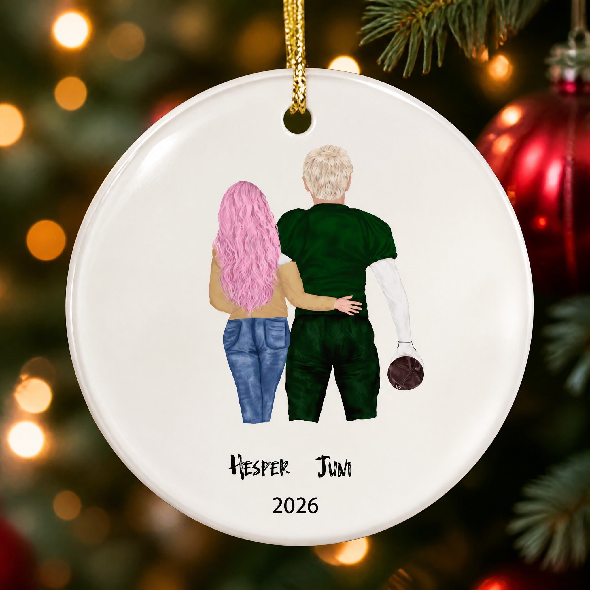 Custom Football Couple Ceramic Ornament - Personalized Christmas Gift For Football Sports Couple Fan