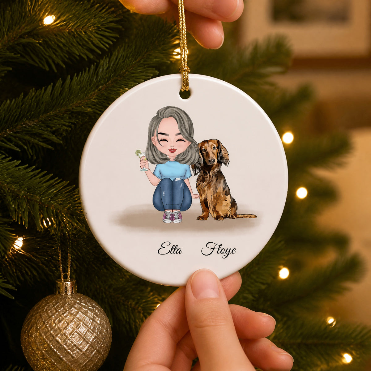 Personalized Ceramic Ornament For Girl And Dachshund Dog  - Custom Christmas Gift For Dog Lover