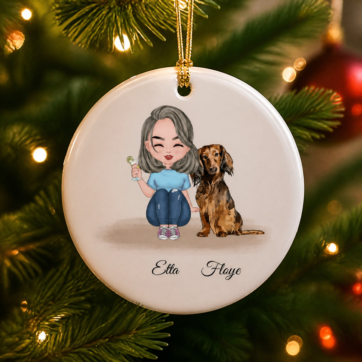Personalized Ceramic Ornament For Girl And Dachshund Dog  - Custom Christmas Gift For Dog Lover