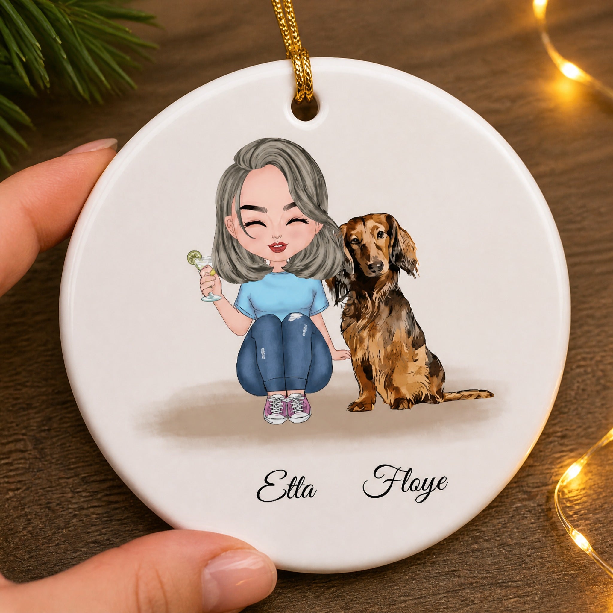 Personalized Ceramic Ornament For Girl And Dachshund Dog  - Custom Christmas Gift For Dog Lover