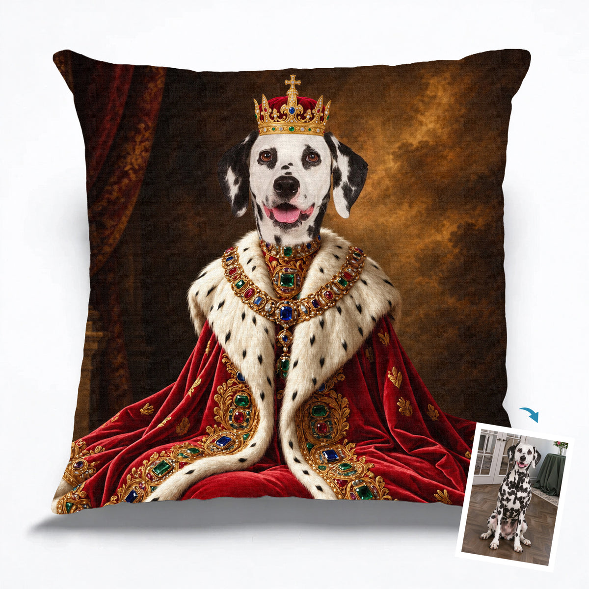 Personalized Royal Pet Portrait Pillow Cover-Custom Pet Photo Cushion-Gift for Dog & Cat Lovers