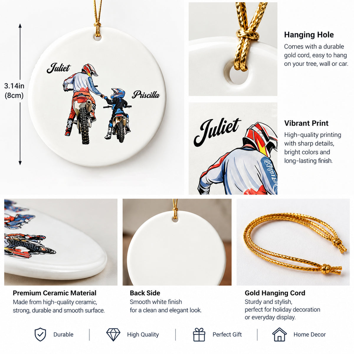 Personalized Ceramic Christmas Ornament - Motocross Dad And Son Gift - Ride Together, Forever