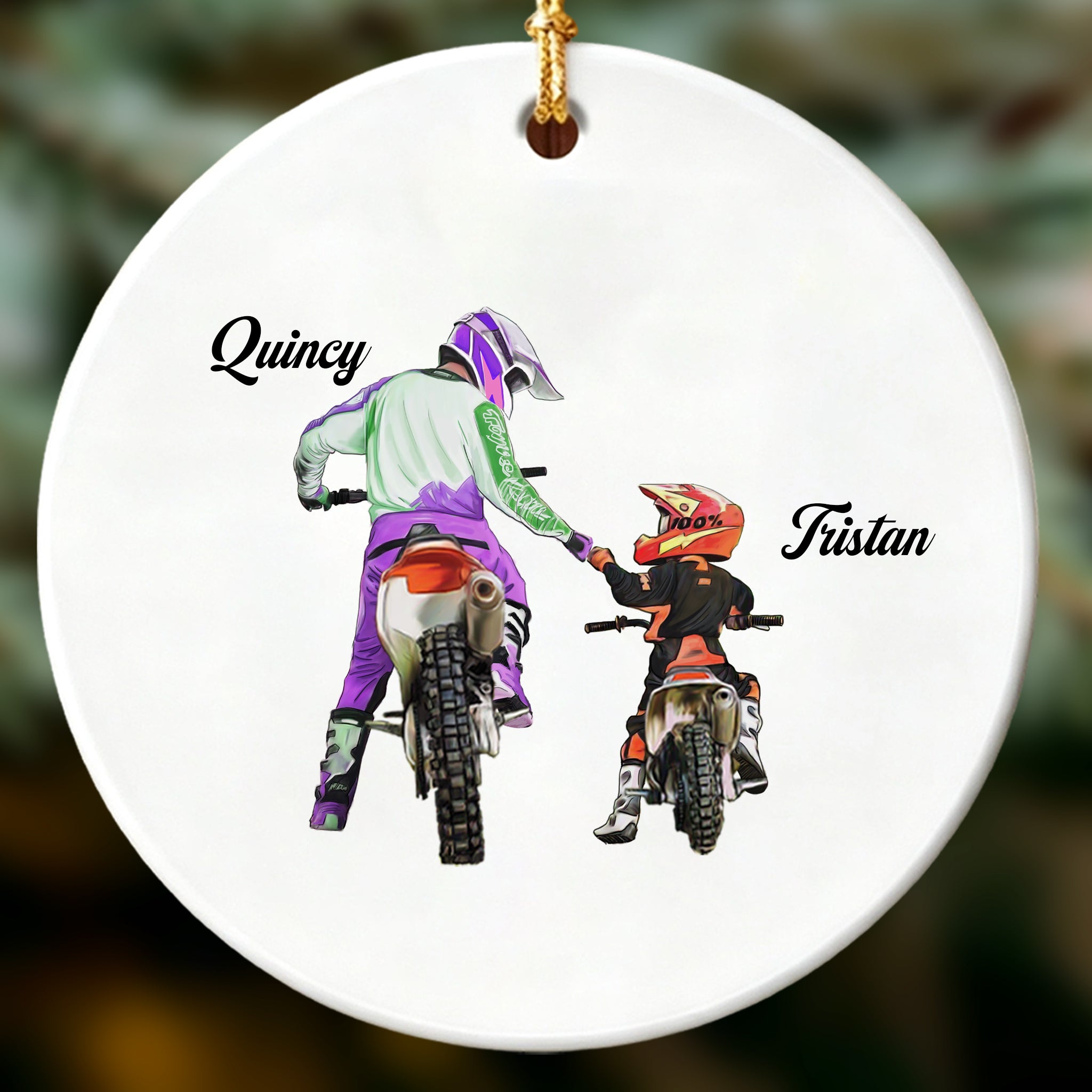Personalized Ceramic Christmas Ornament - Motocross Dad And Son Gift - Ride Together, Forever