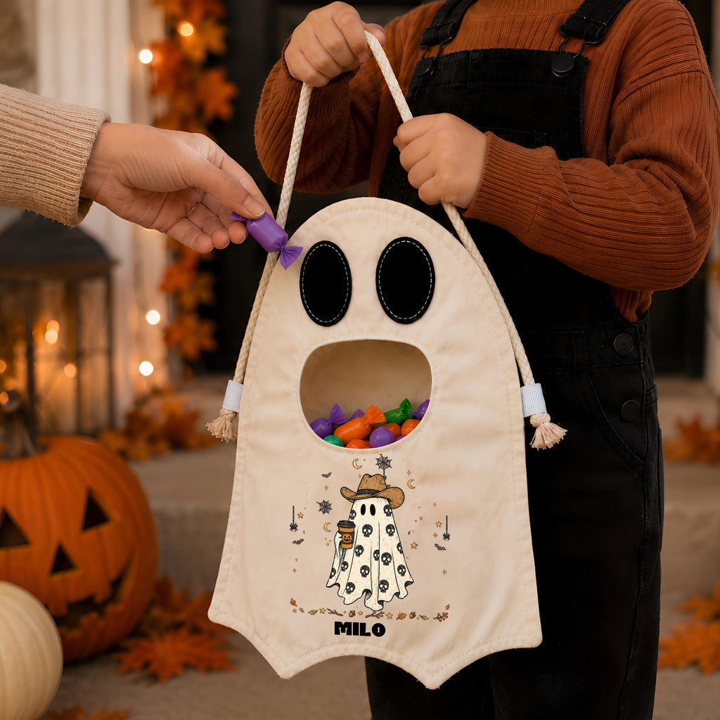 Custom Name Halloween Candy Bag —Personalized Halloween Ghost Canvas Tote Bag for Kids
