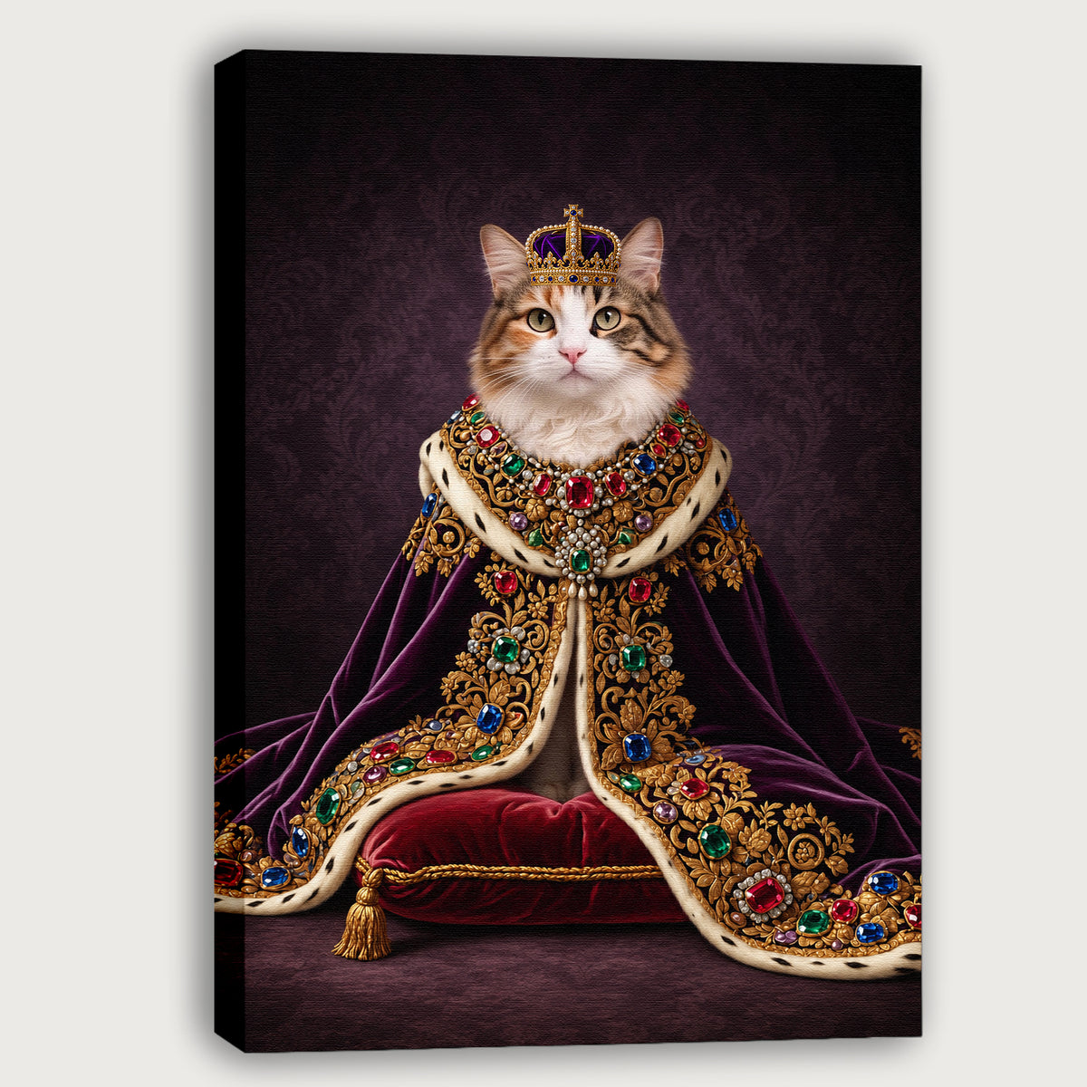 Custom Royal Queen Cat Portrait Canvas, Personalized Pet Purple Velvet Jeweled Cloak Unframed Canvas Wall Decor, Gift For Pet Lovers
