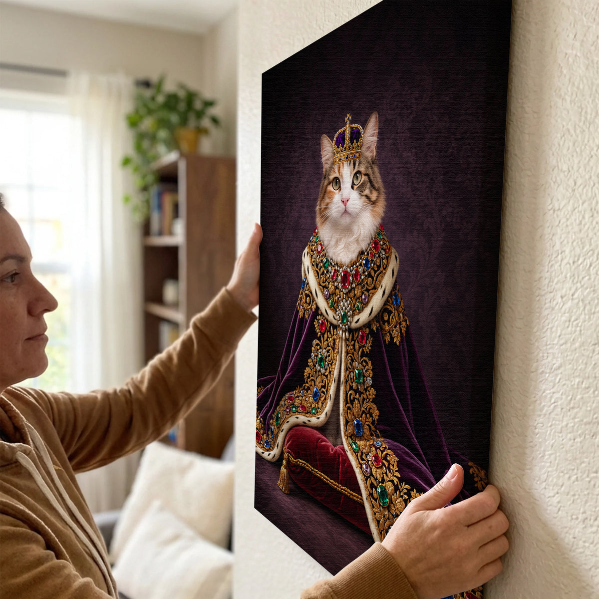 Custom Royal Queen Cat Portrait Canvas, Personalized Pet Purple Velvet Jeweled Cloak Unframed Canvas Wall Decor, Gift For Pet Lovers