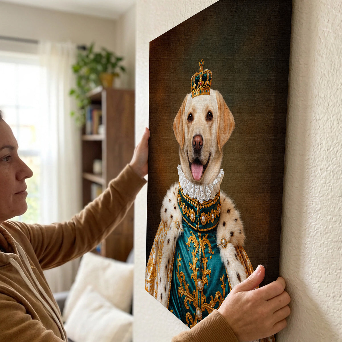 Custom Royal Noble Dog Portrait Canvas, Personalized Pet Teal Gold Ermine Robe Unframed Canvas Wall Art For Pet Lovers