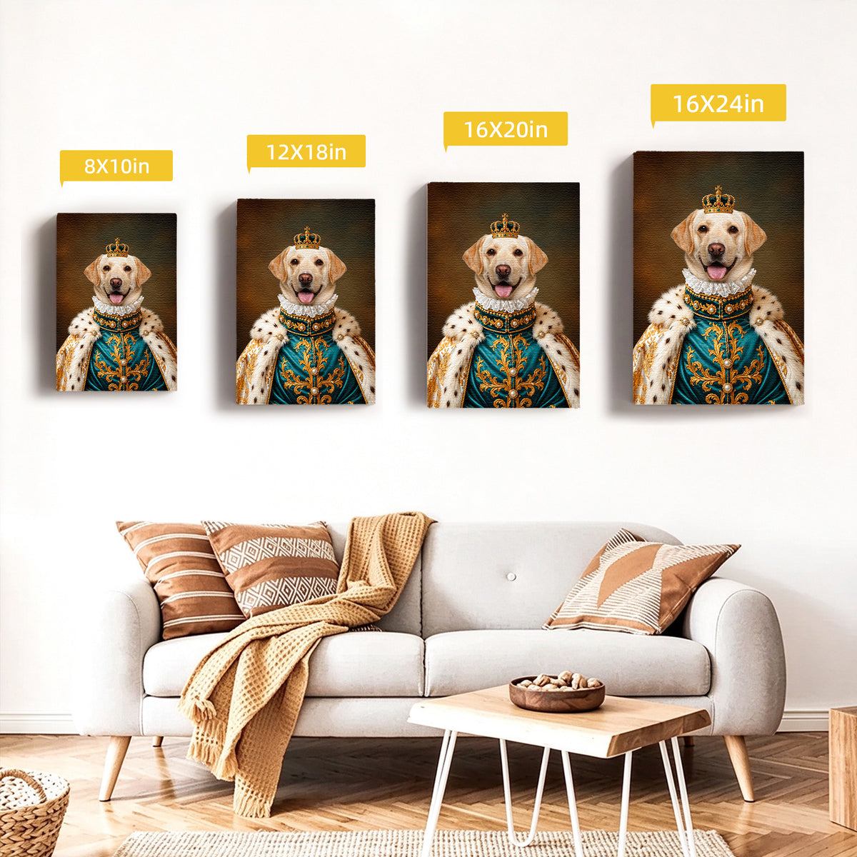 Custom Royal Noble Dog Portrait Canvas, Personalized Pet Teal Gold Ermine Robe Unframed Canvas Wall Art For Pet Lovers