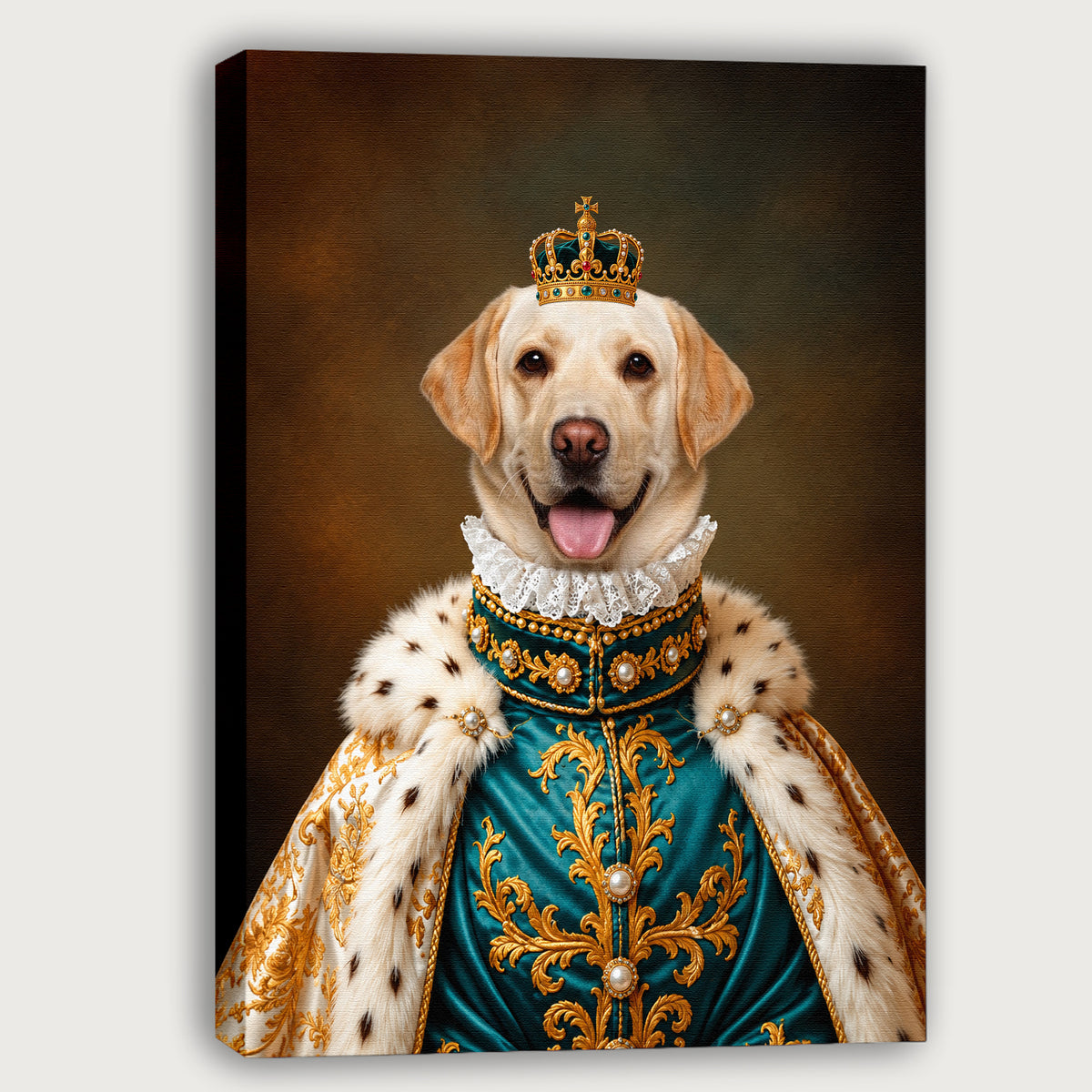 Custom Royal Noble Dog Portrait Canvas, Personalized Pet Teal Gold Ermine Robe Unframed Canvas Wall Art For Pet Lovers