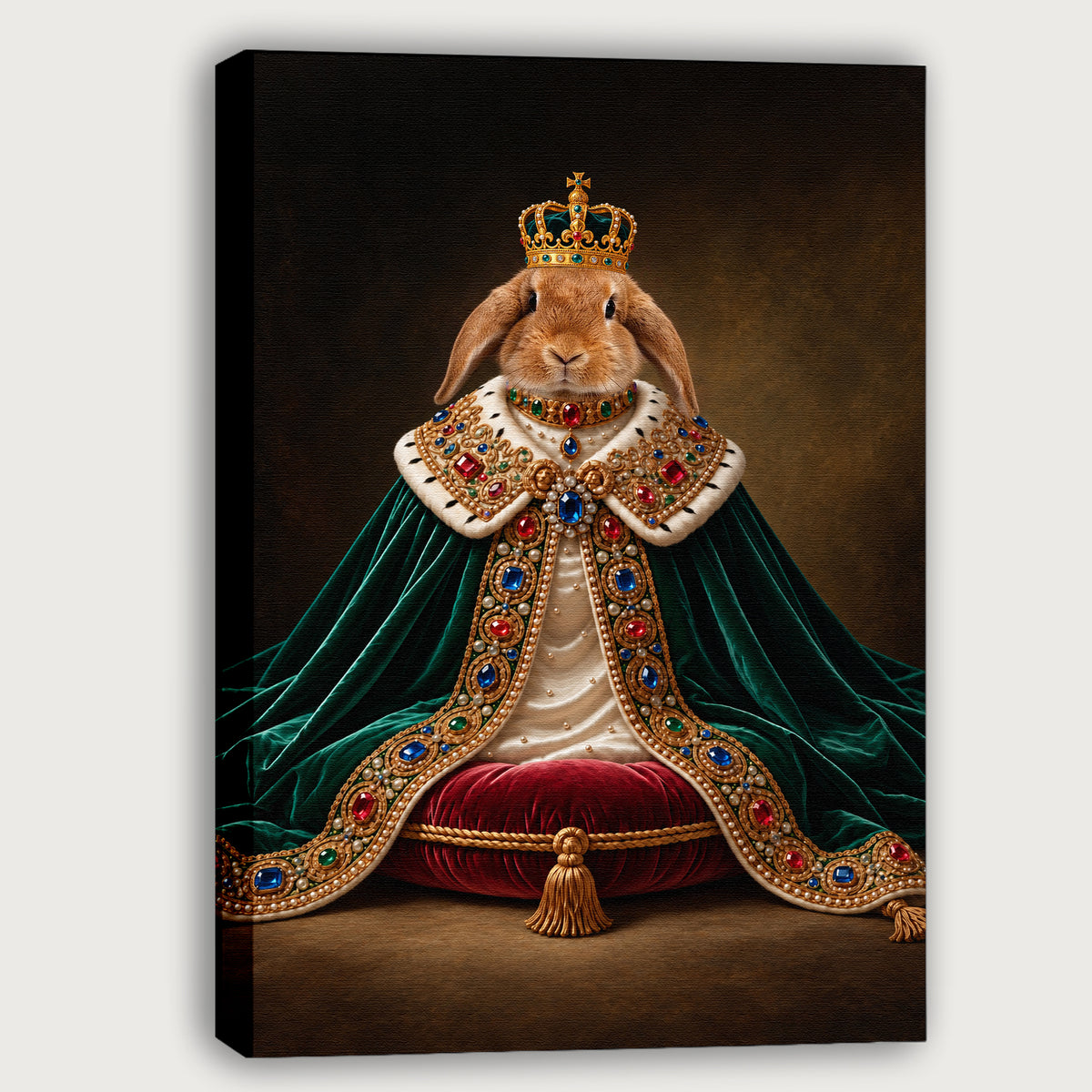 Custom Royal King Rabbit Portrait Canvas, Personalized Pet Green Velvet Jeweled Cape Unframed Canvas Wall Art