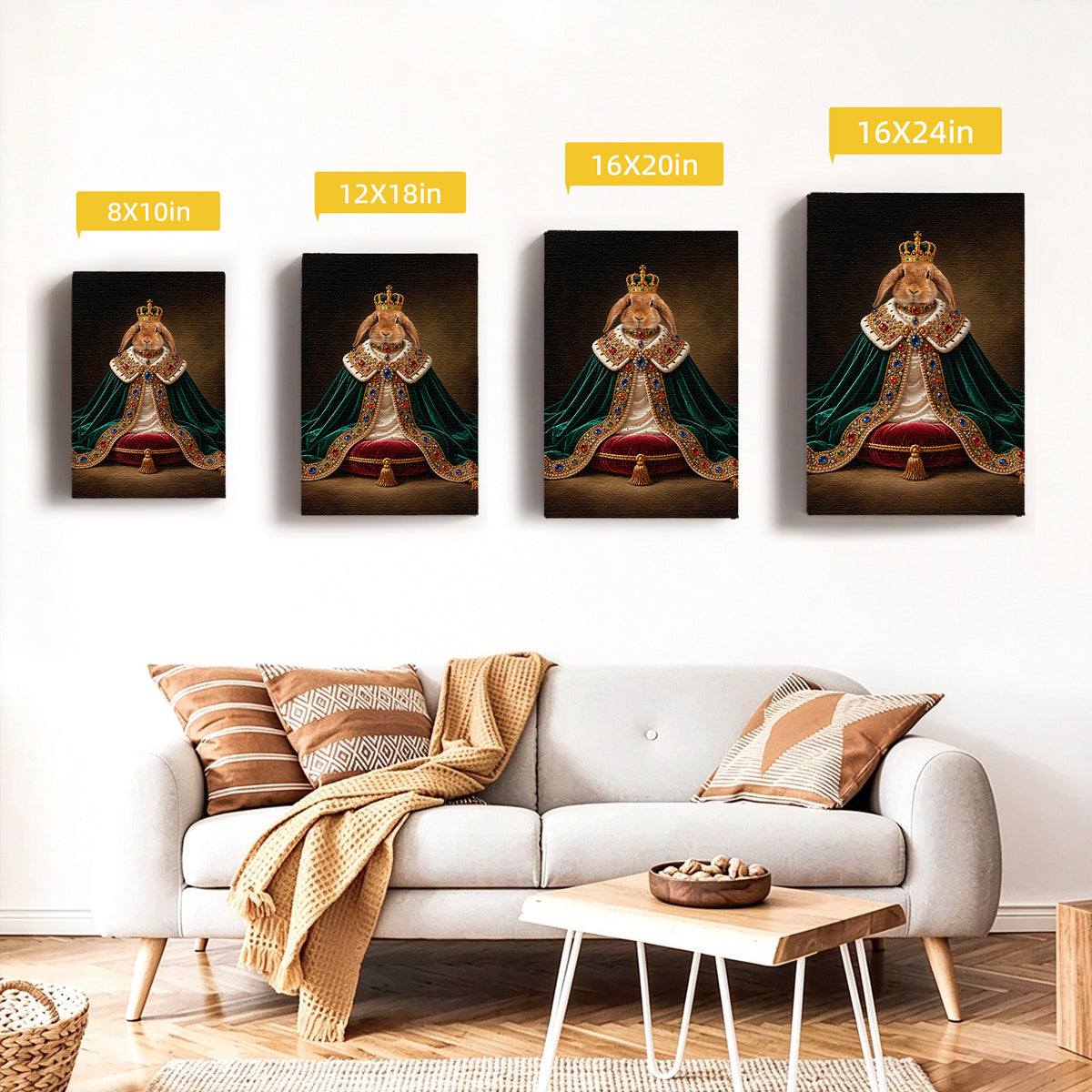 Custom Royal King Rabbit Portrait Canvas, Personalized Pet Green Velvet Jeweled Cape Unframed Canvas Wall Art