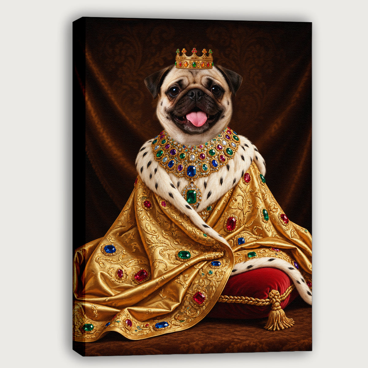 Custom Royal King Dog Portrait Canvas, Personalized Pet Golden Jeweled Coronation Robe Unframed Canvas Wall Decor