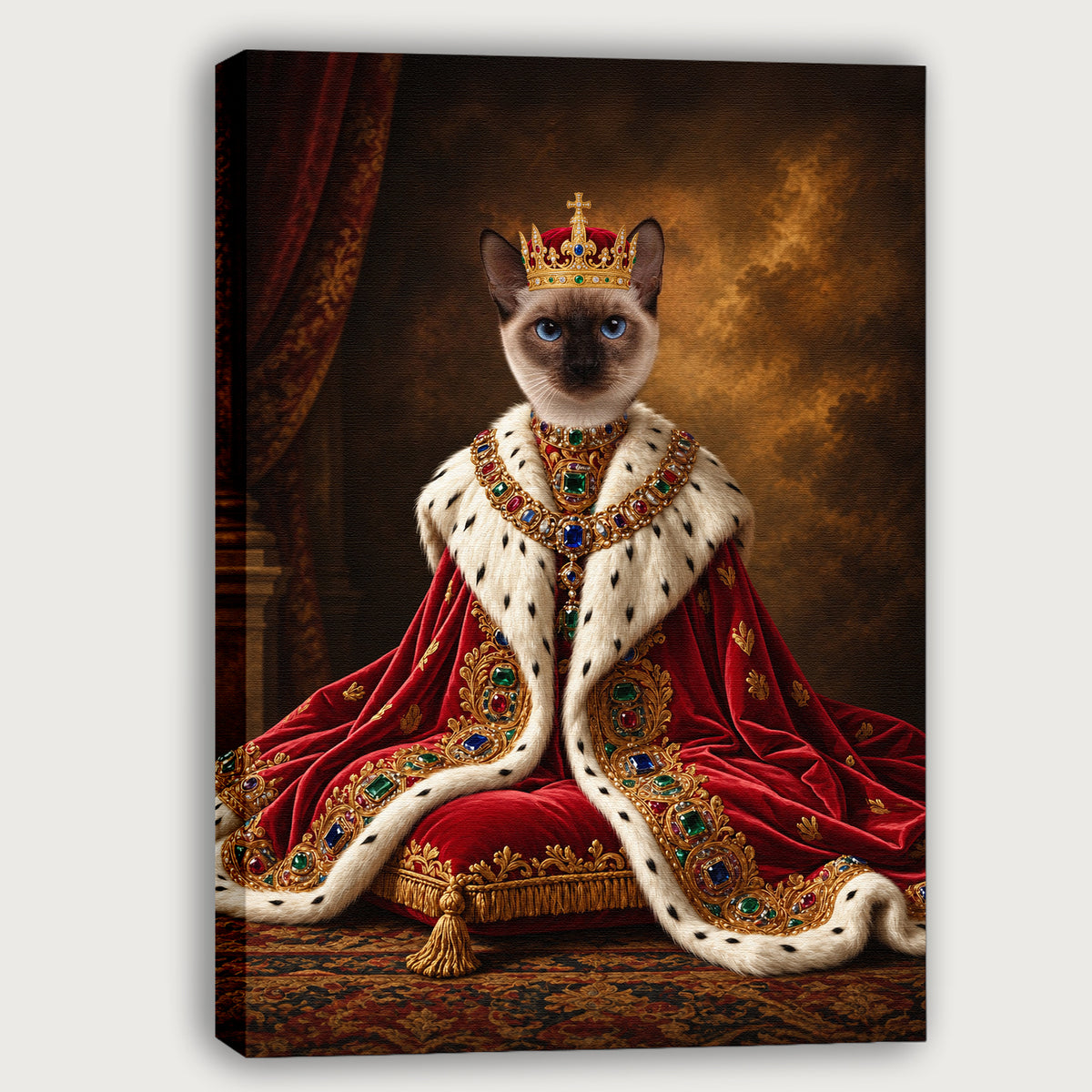 Custom Royal Monarch Cat Portrait Canvas, Personalized Pet Red Velvet Jeweled Coronation Robe Unframed Canvas Wall Art, Pet Owner Gift