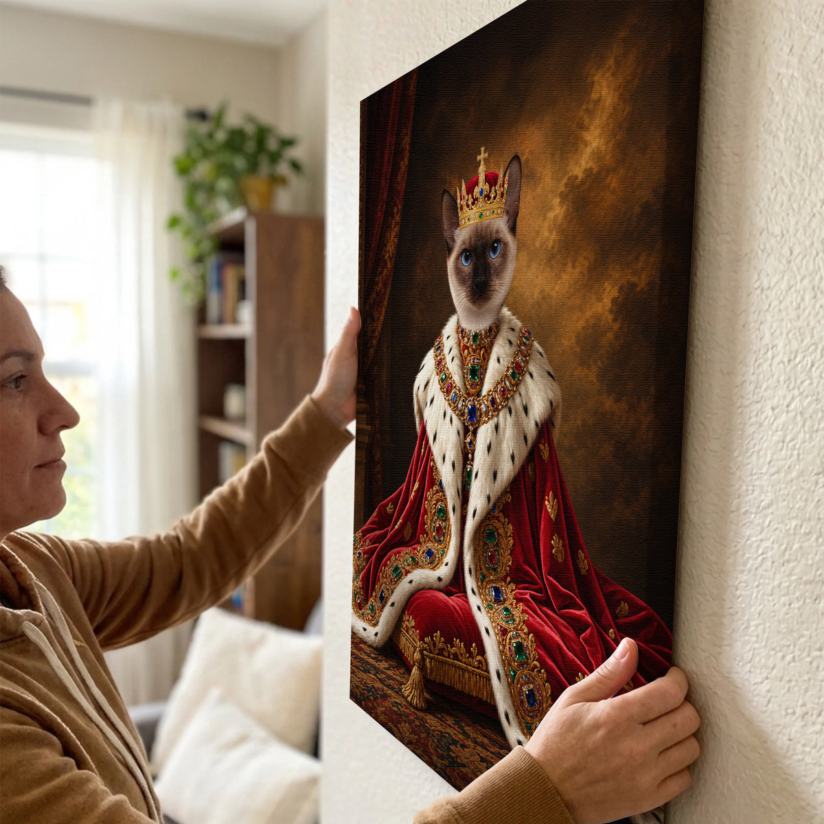 Custom Royal Monarch Cat Portrait Canvas, Personalized Pet Red Velvet Jeweled Coronation Robe Unframed Canvas Wall Art, Pet Owner Gift