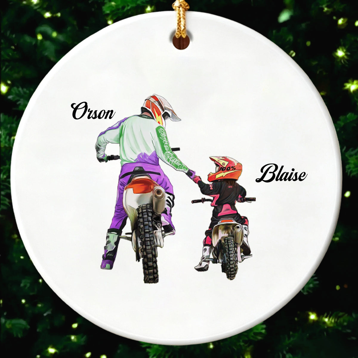 Personalized Ceramic Christmas Ornament - Motocross Dad And Son Gift - Ride Together, Forever