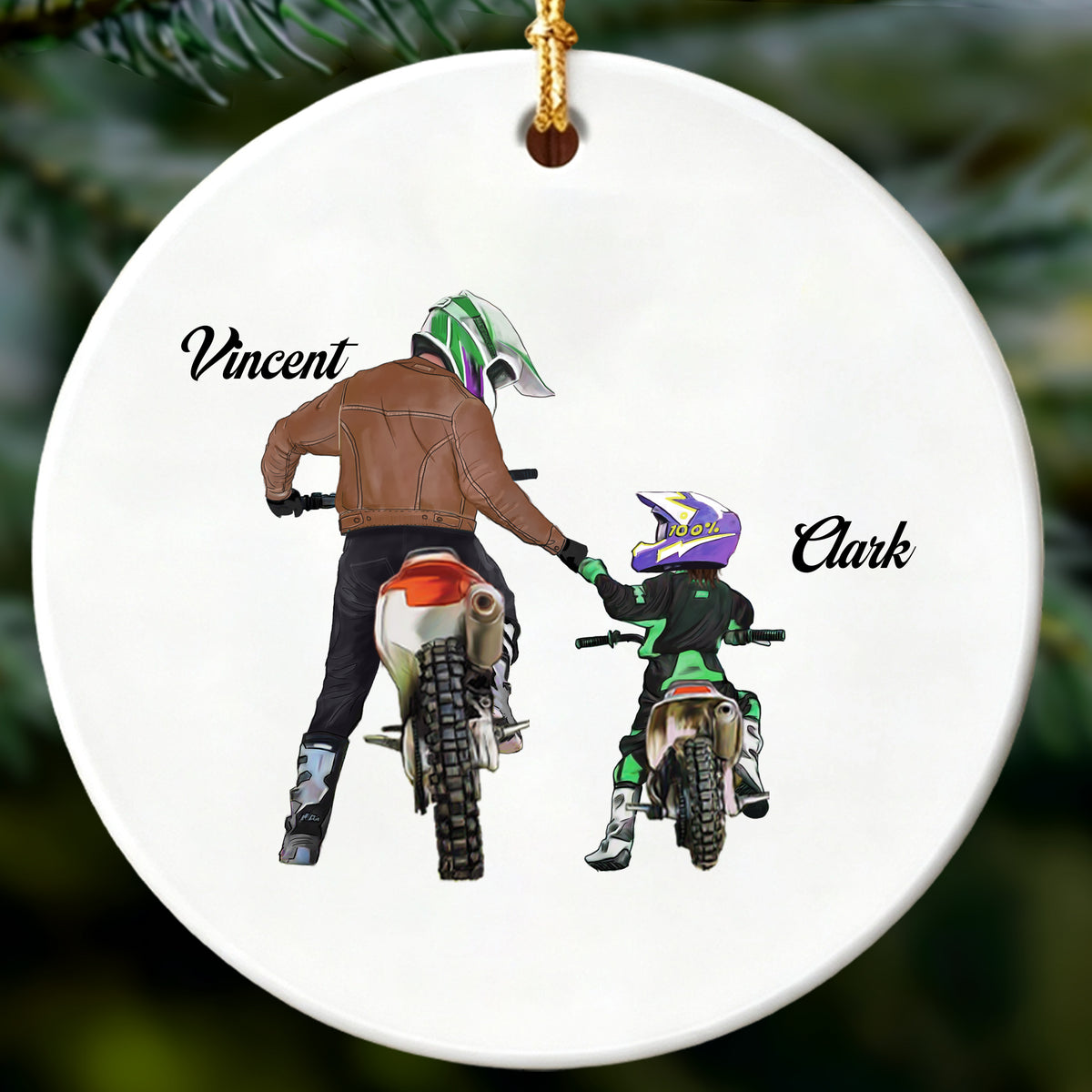 Personalized Ceramic Christmas Ornament - Motocross Dad And Son Gift - Ride Together, Forever