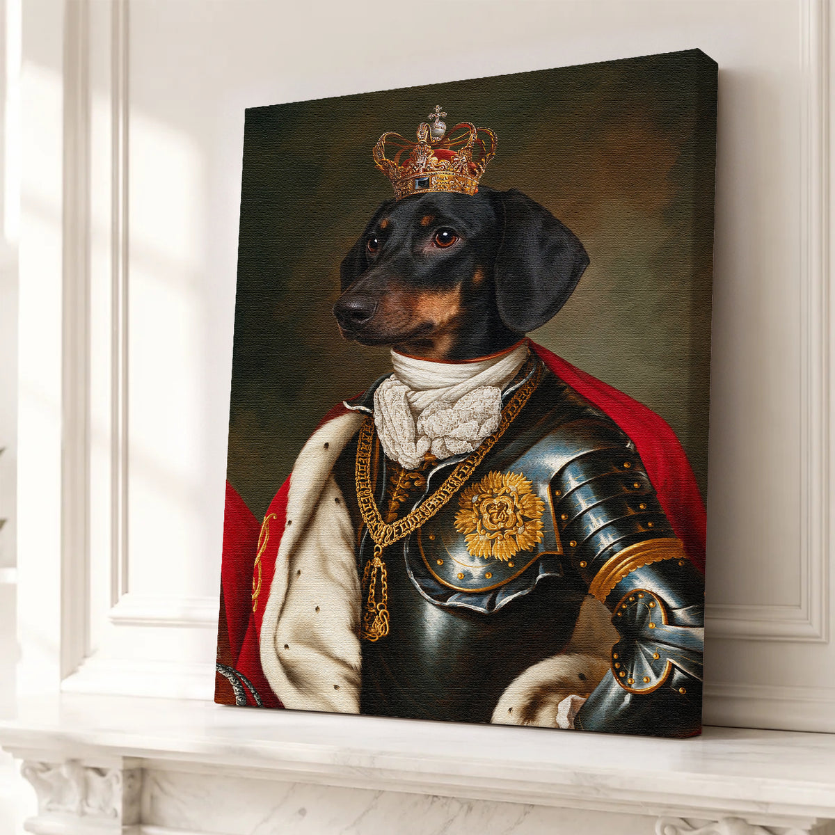 Custom Knight Warrior Pet Portrait Canvas, Personalized Dog Royal Armor Red Cape Unframed Canvas Wall Art, Gift For Pet Lovers