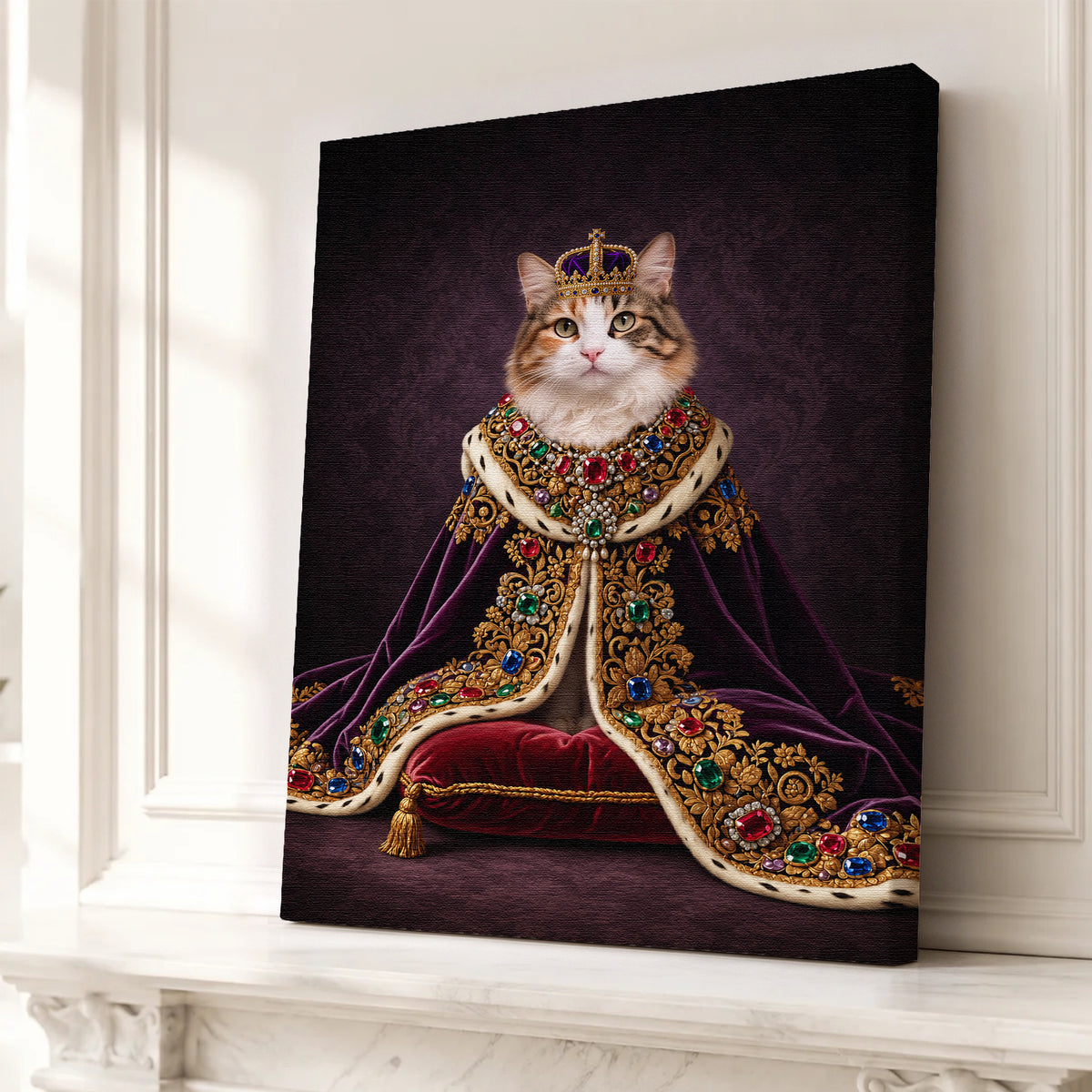 Custom Royal Queen Cat Portrait Canvas, Personalized Pet Purple Velvet Jeweled Cloak Unframed Canvas Wall Decor, Gift For Pet Lovers
