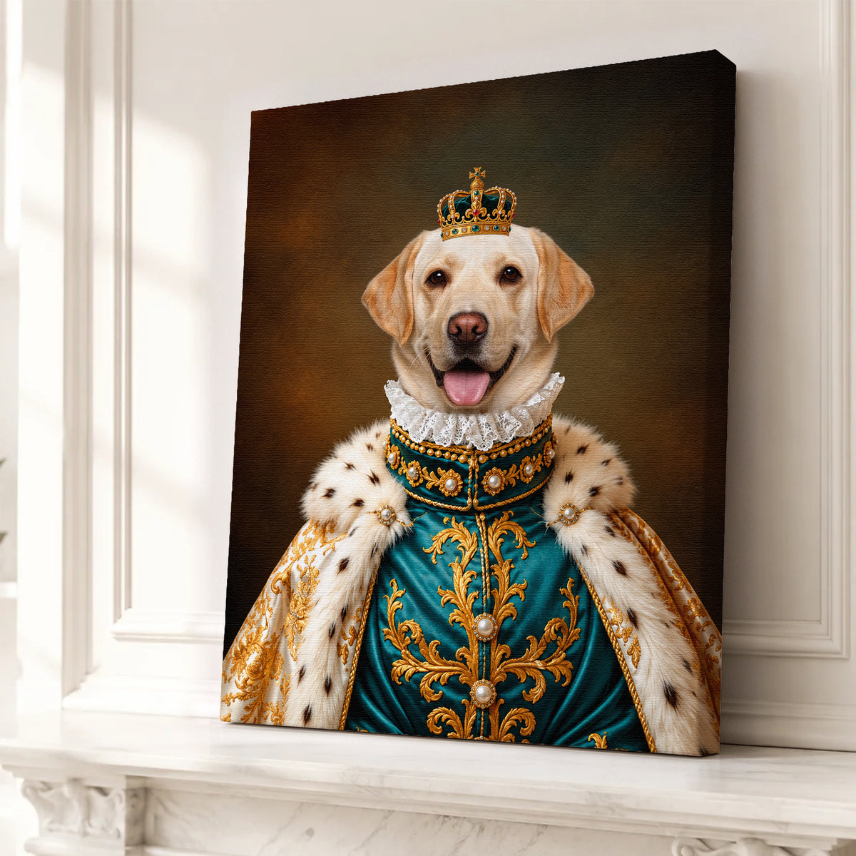 Custom Royal Noble Dog Portrait Canvas, Personalized Pet Teal Gold Ermine Robe Unframed Canvas Wall Art For Pet Lovers