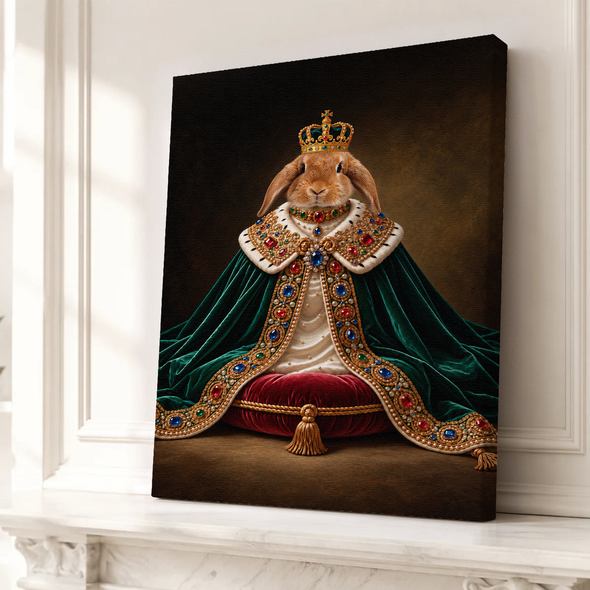 Custom Royal King Rabbit Portrait Canvas, Personalized Pet Green Velvet Jeweled Cape Unframed Canvas Wall Art