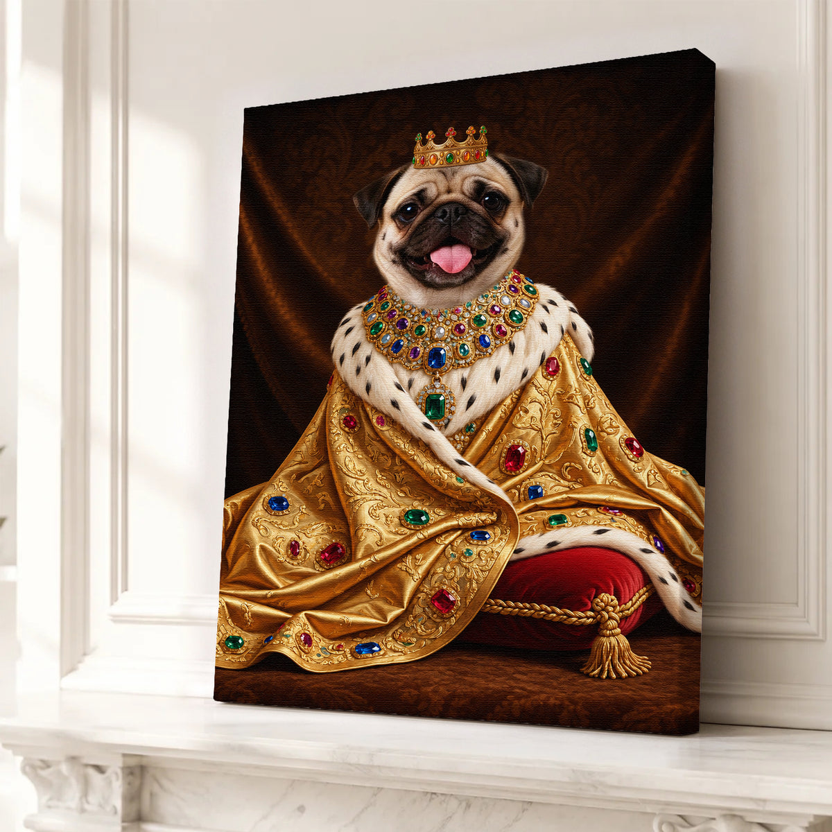 Custom Royal King Dog Portrait Canvas, Personalized Pet Golden Jeweled Coronation Robe Unframed Canvas Wall Decor