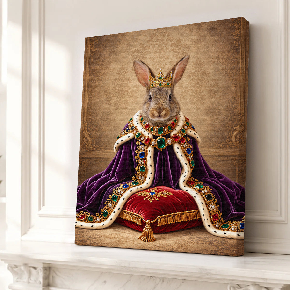 Custom Royal Queen Rabbit Portrait Canvas, Personalized Pet Purple Velvet Jeweled Coronation Cloak Unframed Canvas Wall Art