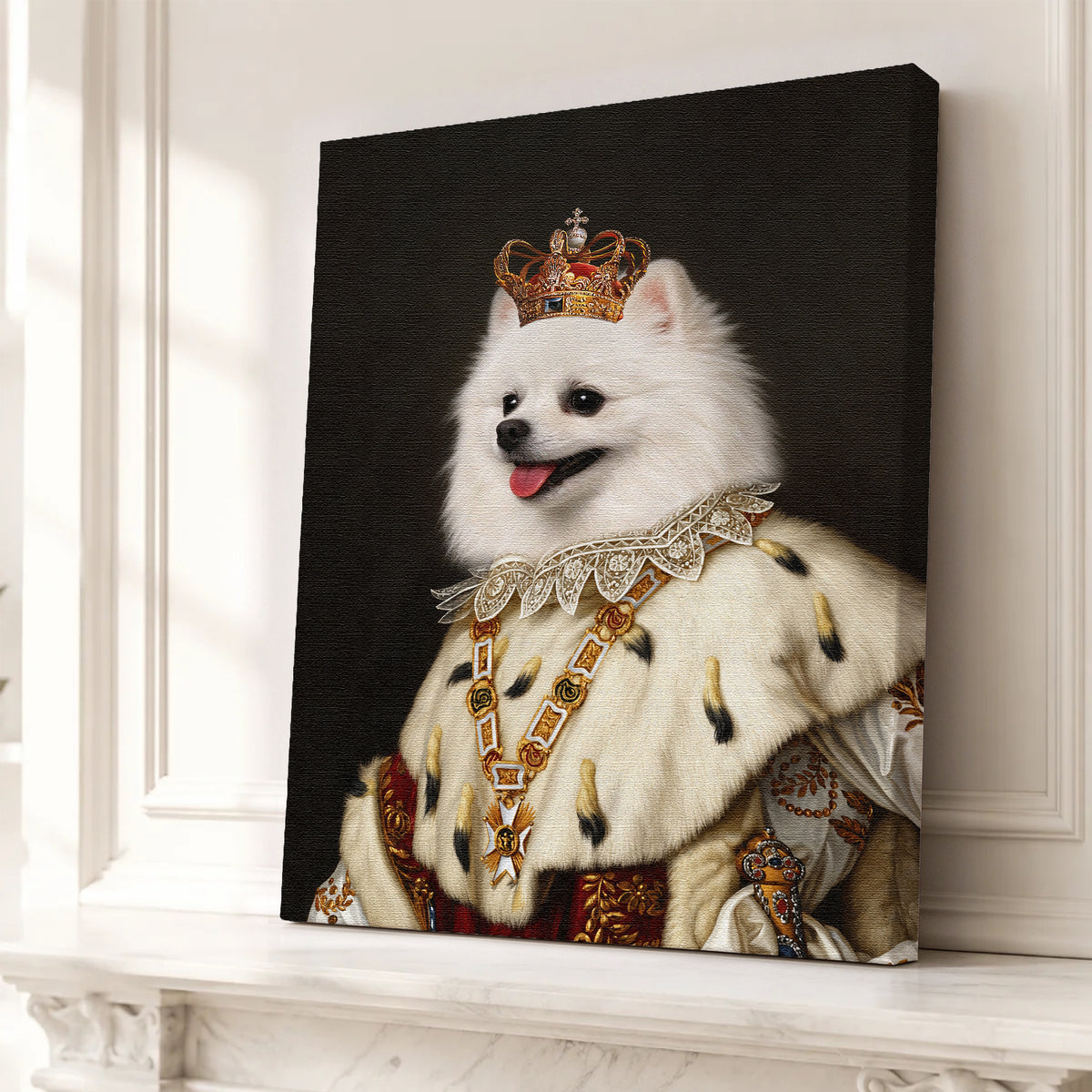 Custom Royal Queen Pet Portrait Canvas, Personalized Dog Noble Crown Fur Robe Unframed Canvas Wall Decor