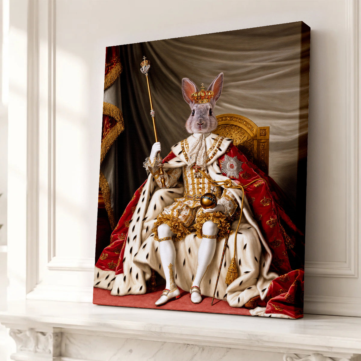 Custom Throne King Rabbit Portrait Unframed Canvas Wall Art, Personalized Vintage Royal Pet Painting, Pet Owner Gift