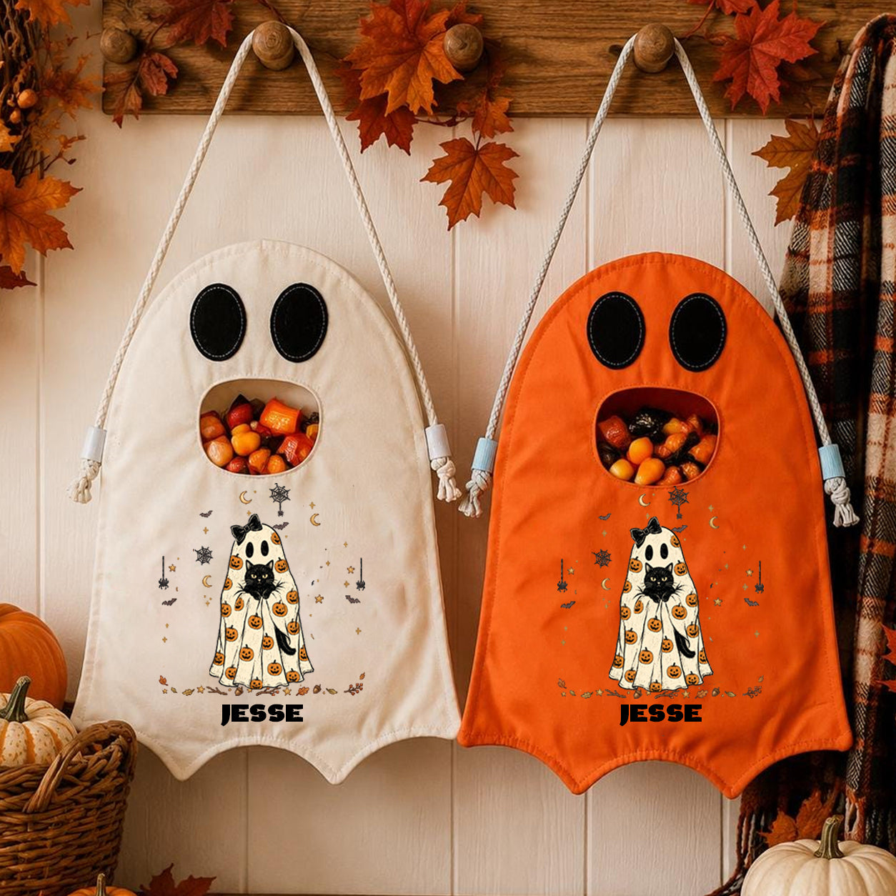 Custom Name Halloween Candy Bag —Personalized Halloween Ghost Canvas Tote Bag for Kids