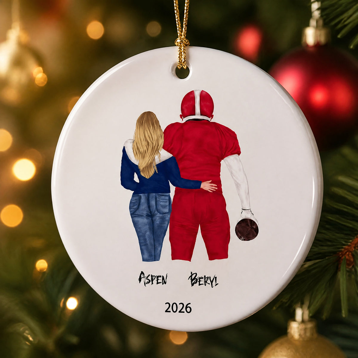 Custom Football Couple Ceramic Ornament - Personalized Christmas Gift For Football Sports Couple Fan